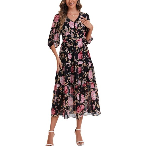 Women's Boho Chiffon Dress Large V Neck 3/4 Sleeve Long Flowy Casual - Picture 2 of 5